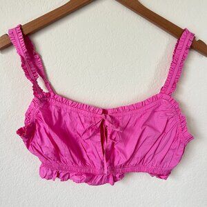 Aerie Crop Top Womens Medium Pink Ruffle Strap Tie Front Smocked Bralette Cotton
